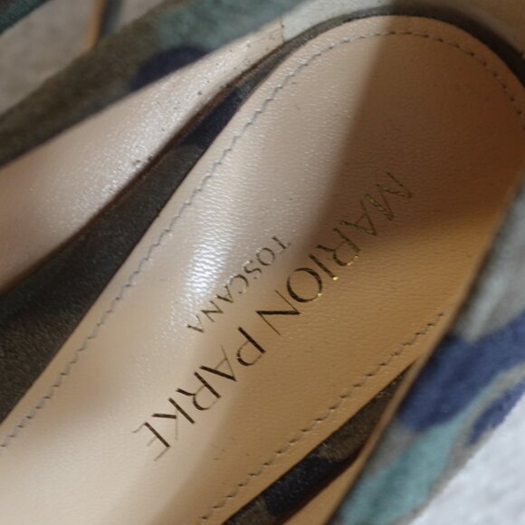 Marion Parke Womens Heels Pumps 7.5 37.5 Green Blue Suede Camo NEW - Picture 8 of 8